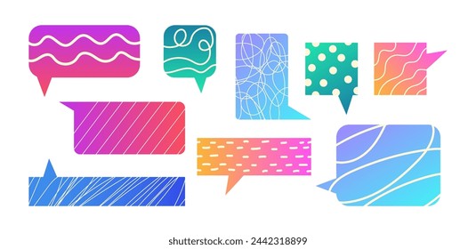 Gradient speech bubbles set with creative curves, scribbling textured, lines inside in y2k trendy style. Empty rectangular  chat templates, stickers  isolated on white background. Vector
