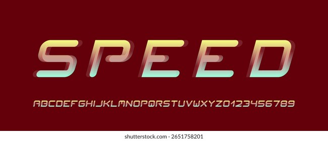 Fonte de velocidade de gradiente com efeito de movimento e estilo itálico. Perfeito para temas de corrida, logotipos de esportes e design energético. Inclui letras maiúsculas e números.