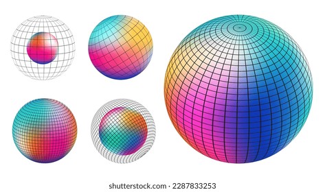 Gradient Spherical Grid Set, holografisch lebendes Rundsymbol. Mehrfarben-Schaltflächen können in Bannern, sozialen Medien, Web, als Design-Element verwendet werden.