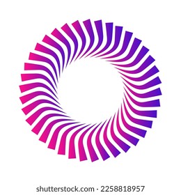Gradient spiral circle vector frame. Stylized twisting motion circular swirl. Pink and blue curved repeat shape round logo.