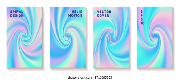 Gradient spiral rotation cover page templates vector set. Abstract brochure front pages collection. Poster backgrounds with fluid colors twist rotation patterns. Vortex spin tech booklet covers.