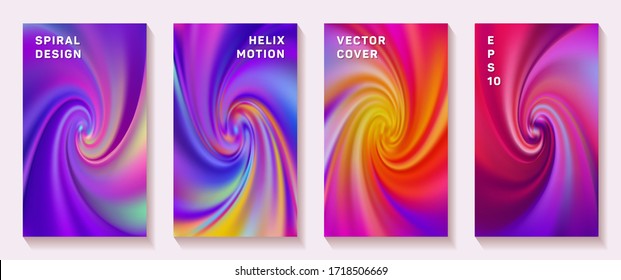 Gradient spiral rotation cover page templates vector set. Abstract brochure front pages collection. Banner backgrounds with fluid colors spiral motion patterns. Torsion screw tech booklet covers.