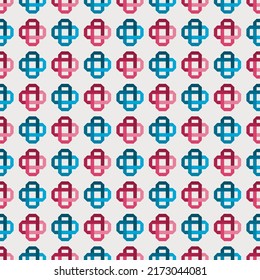 Gradient square corners blue and pink interlocking crossovers feature symbols in patterns and backgrounds.