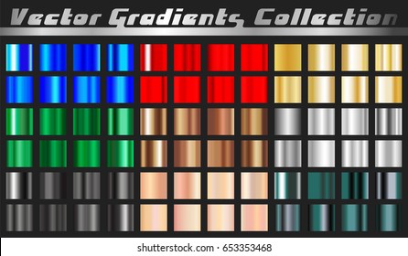 Gradient square set  Collection metallic gold rose silver green bronze black red blue   various chrome gradients background texture  Vector illustration 