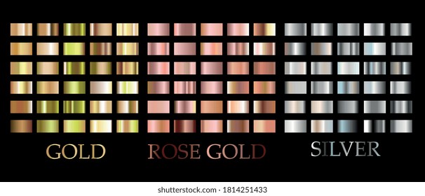 Gradient Square. Shiny Glowing Rose, Gold, Silver Gradient Square Set. Vector Colorful Metallic Background, Cover, Frame, Ribbon Design Element Illustration. Luxury Alloy Palette On Dark Space