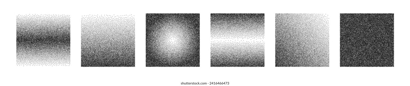 Gradient squares of grains. Noisy figures patterns with tone transitions. Collection of isolated elements on a white background.