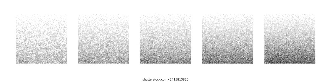 Cuadros degradados de granos. Formas geométricas ruidosas con gradación del tono. Paquete de elementos vectoriales aislados sobre un fondo blanco.