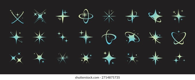 Estrela de gradiente, galáxia, ícones cintilantes. Estrelas, brilhos, brilho, ícone de brilho definido. Estilo Y2K. Design decoração elements.Sparkling sinal, símbolo collection.Vetor ilustration.Isolated em um fundo preto.