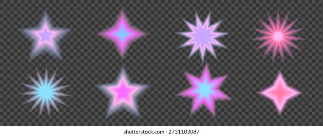Gradient star shapes with Y2K aesthetic blur effects, featuring soft transparent elements, iridescent sparkle accents for trendy graphic composition. Vector abstract starry shaped set isolated no bg.