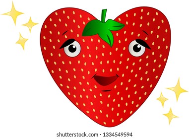 Gradient strawberry in the shape of a heart with a smiling face and highlights around (vector)