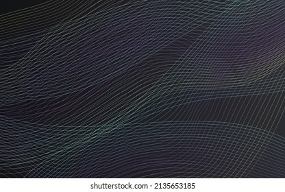 Gradient Stripe Geometric Vector Black Background. Bright Curve Light Banner. Shape Energy Pattern. Neon Flow Music Cover.