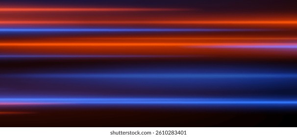 Gradient stripe motion. Orange and blue horizontal beams with soft blur and fading depth. Dynamic transition, abstract energy direction.