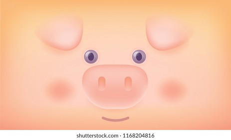 Gradient style design of cute pig symbol of chinese new year for web, banner, greeting card. Vector close up horizontal illustration of earthen piglet face with eye, ear, snout on yellow background