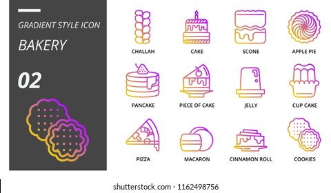 Gradient style icon pack for bakery, Callahan, cake, scone, apple pie, pancake, piece of cake, jelly, cup cake, pizza, macaron, cinnamon roll,cookies.