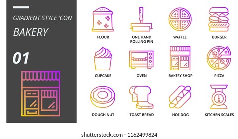 Gradient style icon pack for bakery, flour, one hand, rolling pin, waffle, burger, cupcake, oven, bakery shop, pizza, doughnut, toast, bread, hot, dog, kitchen scales