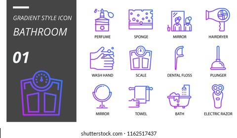 Gradient style icon pack for bathroom, perfume, sponge, mirror, hairdryer, wash hand, scale, dental floss, plunger, mirror, towel, bath, electric razor.