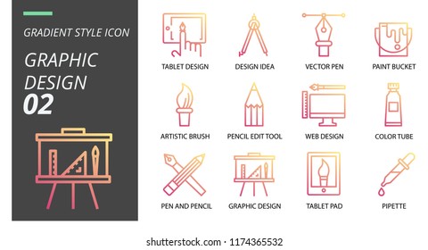 Gradient style icon pack for graphic design, tablet design, design idea, vector pen, paint bucket, artistic brush, pencil tool, edit, web, color tube, pen ,pencil, graphic design, tablet pa