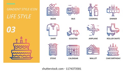 Gradient style icon pack for lifestyle, book, bus, cooking, dinner, shirt, scooter, airplane, roller skate, stove, calendar, wallet, cake birthday