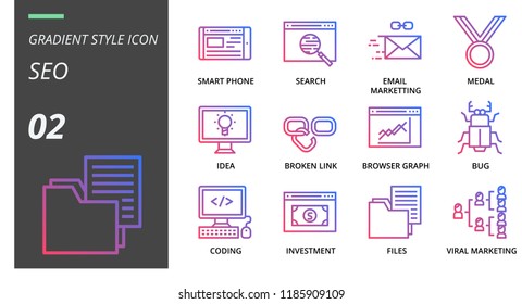 Gradient style icon pack for seo, pay per click, pc, rank, targeting user, online shop, web megaphone, good content, browser interface, video, sitemap, link, network
