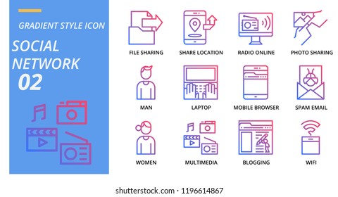 Gradient style icon pack for social network, file sharing, share location, radio online,photo sharing, man, laptop, mobile browser, spam email, woman, multimedia, blogging, wifi.