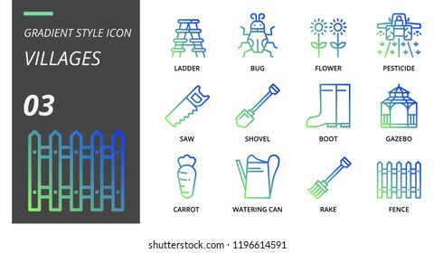 Gradient style icon pack for villages, ladder, bug, flower, pesticide, saw, shovel, boot, gazebo, carrot, watering can rake, fence