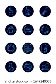 Diseño de conjunto de iconos de estilo degradado, comunicación multimedia social marketing digital web y conexión tema Vector ilustración