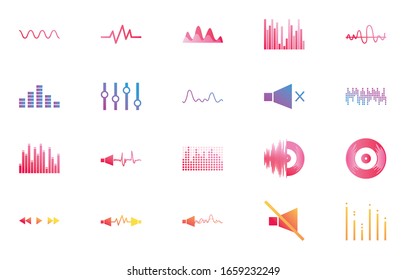 gradient style icon set design, waves music sound melody musical song art signature culture and tune theme Vector illustration