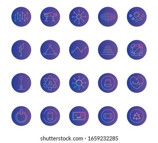 gradient style icon set design, futuristic virtual technology modern innovation digital entertainment tech and simulation theme Vector illustration
