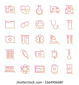 Farbverlauf-Stil-Symbol-Set Design der medizinischen Notfallprüfklinik und Vektorillustration des Patienten-Themas