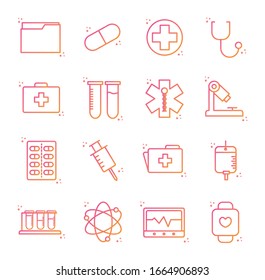 gradient style icon set design of Medical care health emergency aid exam clinic and patient theme Vector illustration