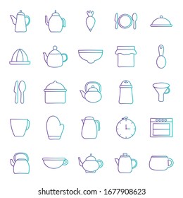 gradient style icon set design, Cook kitchen decorative elements eat food restaurant home menu dinner lunch cooking and meal theme Vector illustration