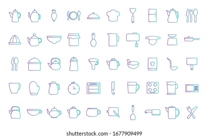 gradient style icon set design, Cook kitchen decorative elements eat food restaurant home menu dinner lunch cooking and meal theme Vector illustration
