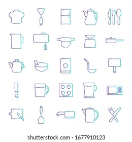 gradient style icon set design, Cook kitchen decorative elements eat food restaurant home menu dinner lunch cooking and meal theme Vector illustration