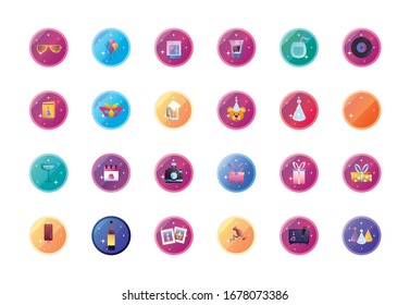 Gradient style icon set design, Party celebration event happy birthday holiday surprise anniversary and decorative theme Vector illustration