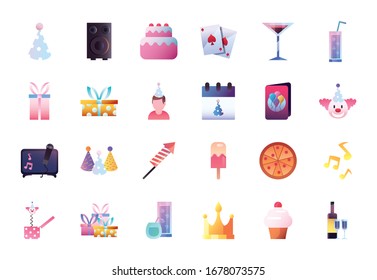 Gradient style icon set design, Party celebration event happy birthday holiday surprise anniversary and decorative theme Vector illustration