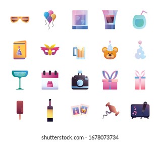 Gradient style icon set design, Party celebration event happy birthday holiday surprise anniversary and decorative theme Vector illustration