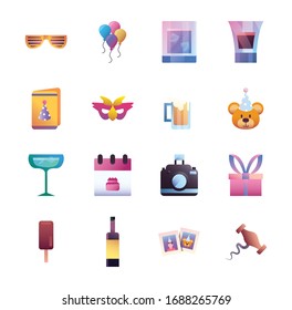 Gradient style icon set design, Party celebration event happy birthday holiday surprise anniversary and decorative theme Vector illustration