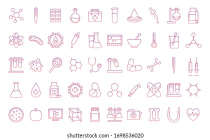 gradient style icon set design, Science chemistry laboratory research technology biology equipment and test theme Vector illustration