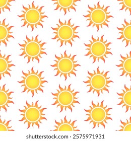 Gradient stylized yellow orange sun icons on white background. Vector seamless pattern.