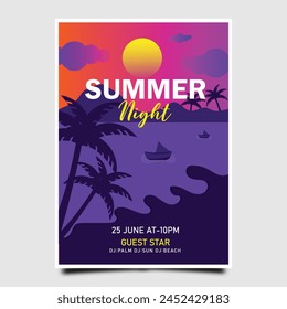 Gradient summer beach party poster template design with sunset and palm tree