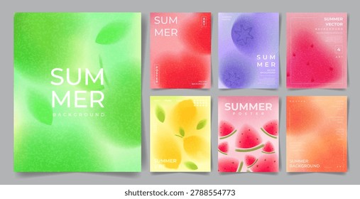 Gradient Summer Blur poster Set. Abstract Vector Creative Flyers with Colourful Gradients and Blurred Summer Fruit Berries. Collection of Grainy Backgrounds for Summer Events ads branding cover sale.
