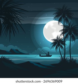 Gradient summer night illustration with beach and palm trees