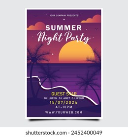 Gradient Sommernacht Party Poster Vorlage mit Sonnenuntergang. Sommer Beach Party Gradientenhintergrund mit Palmen