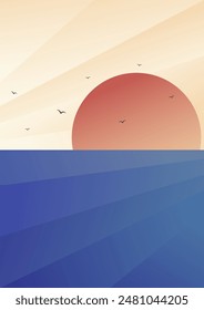 Gradient summer sea background illustration poster. Beautiful sunrise or sunset in ocean 2d art.