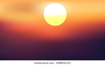 Gradient sunset vista with solar orb, blurred twilight ambiance with warm hues blending seamlessly, creating serene celestial atmosphere and evoking the tranquil beauty of dusk