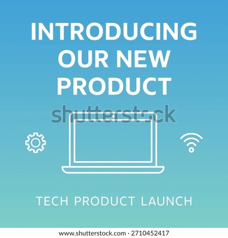 A gradient tech flyer with a laptop icon introducing a new digital product and launch announcement.