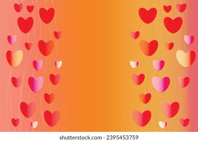 Gradient template golden red pink hearts like border Gold confetti Background wedding invitations greeting cards posters Birthday vector banner Copy space your text Fairytale magic Valentine's card