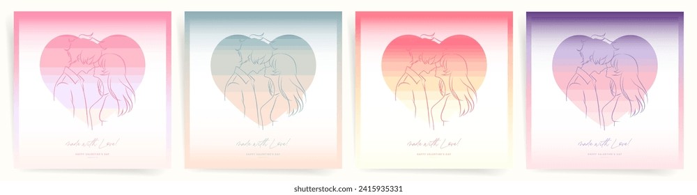 Gradient Templates of Happy Valentines Day Cards Set. Anime Style Art Design with Hearts, Boy and Girl Couples. Square Cards for Banner, Cover, Celebration, Poster, Holiday Graphics. 