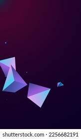 Fondo violeta oscuro del vector tetraedro degradado. Afiche de Unicornio sobre elementos de moda. Catálogo de recursos compartidos de flujo de arcoiris. Cartel gráfico de cristal mágico.