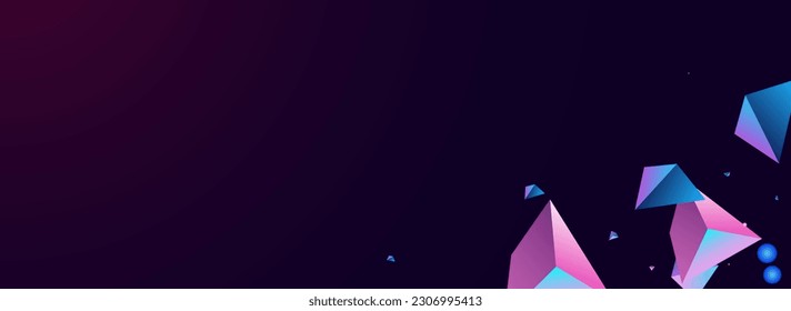 Farbiger Tetrahedron Vektor Panorama dunkler violetter Hintergrund. Kosmisches trendy geometrisches Muster. Hellfliegender Pyramid-Präsentation. Abstraktes Digital Shards Zertifikat.